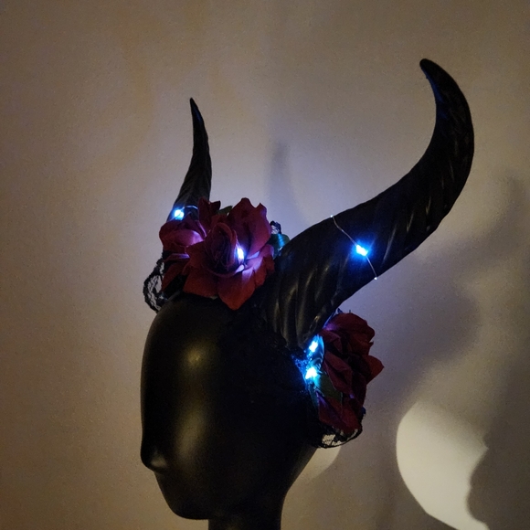 Krampus Horns Straight Up Tall Devil Demon Headband Red Rose Costume Head Piece - Picture 6 of 9